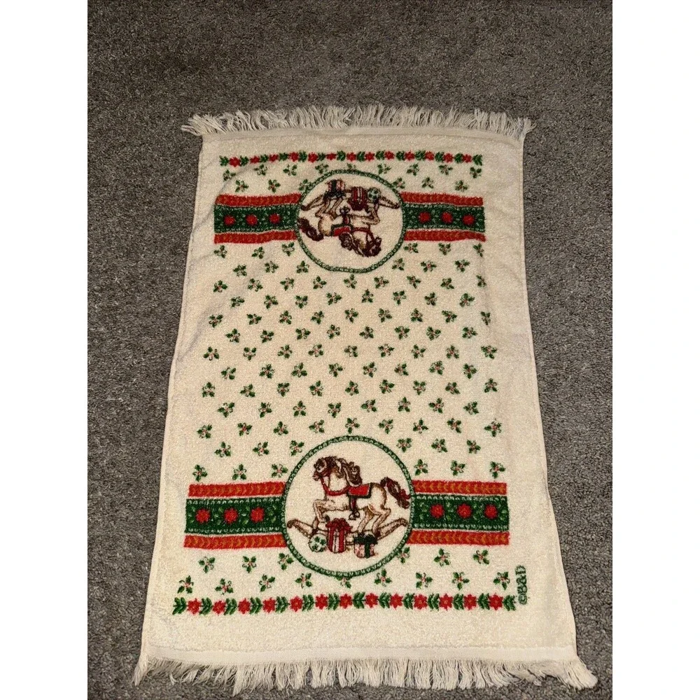 Vtg Christmas Hand Towel Rocking Horse Cotton by B&D Terry Cloth Fringed 70s